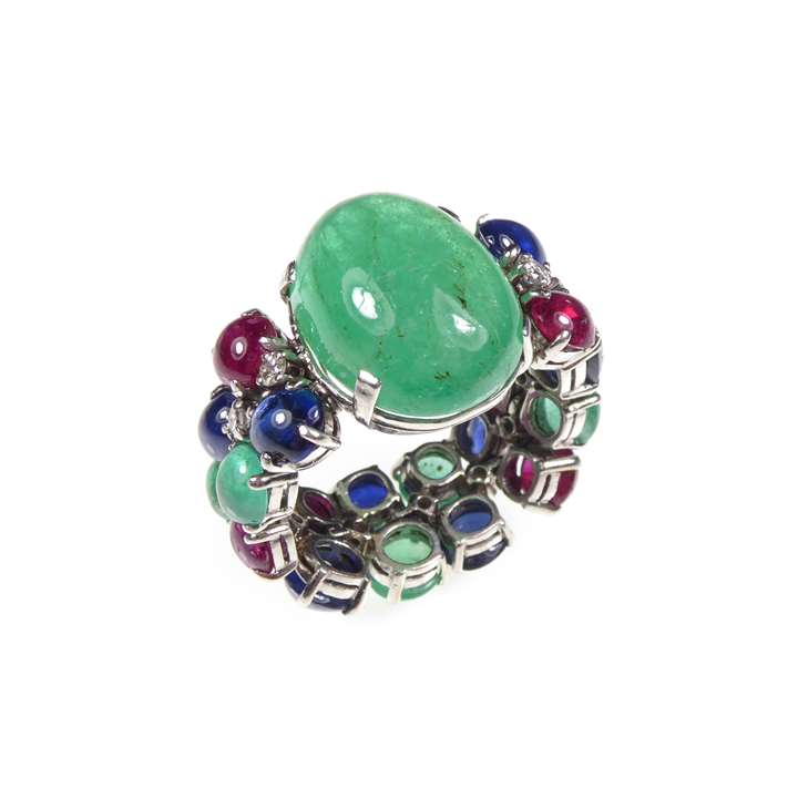 Art Deco cabochon emerald tutti frutti ring